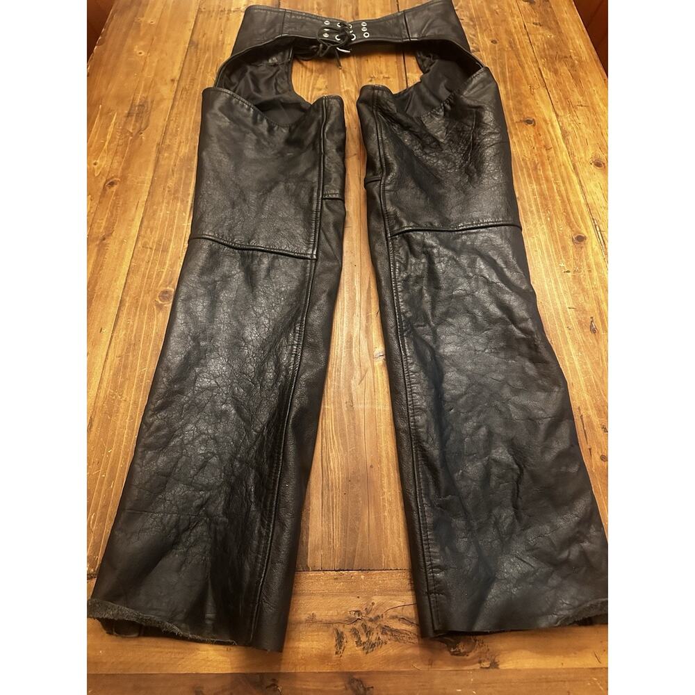 Hot Leather Chaps Genuine Size Large Zip Snap Buckle Motorcycle Riding Biker - Picture 8 of 13